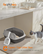 Open-top litter box shown in a bathroom setting with a cat approaching