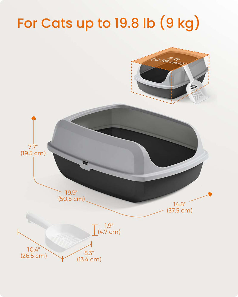 Dimension diagram showing the litter box and scoop measurements and 9 kg cat weight limit