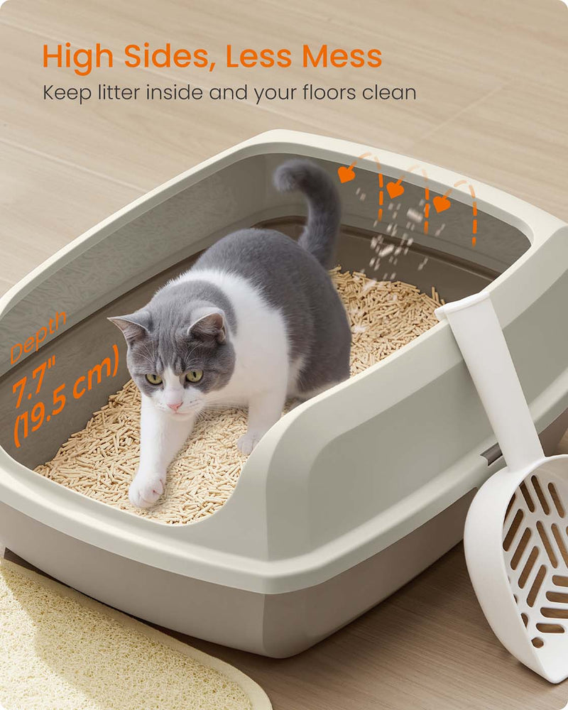 Cat stepping into the Cappuccino Beige high sided litter box
