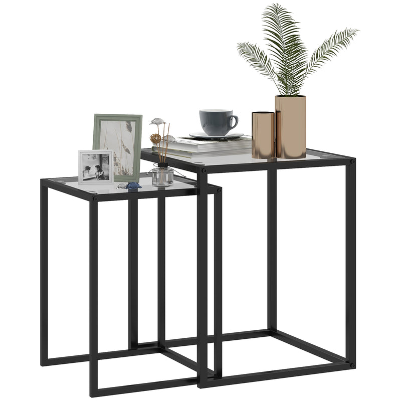 Set of 2 Black Nesting Tables with Tempered Glass Top and Steel Frame for Living Room by HOMCOM