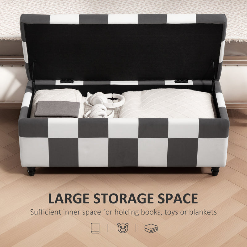 Velvet Storage Ottoman Bench in Dark Grey and White With Lid Ideal for Bedroom or Lounge