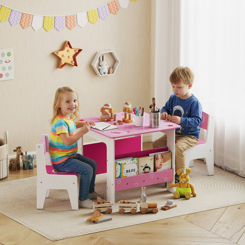 3 Piece Kids Table and Chair Set With Storage Shelves For Playroom Or Nursery Pink AOSOM