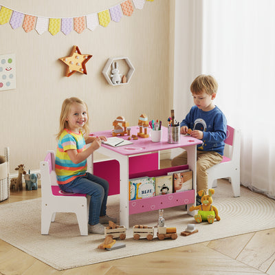 3 Piece Kids Table and Chair Set With Storage Shelves For Playroom Or Nursery Pink AOSOM