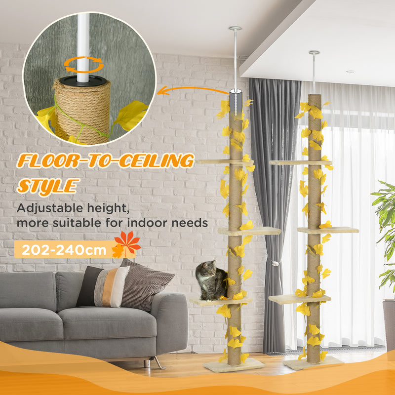 Tall Adjustable Cat Tree with Perches and Faux Leaves for Climbing and Play Yellow