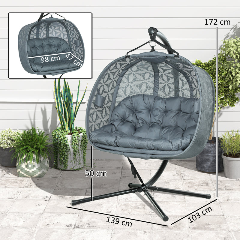 Double Hanging Egg Chair with Stand Comfy Cushion and Cup Holders Charcoal Grey by Outsunny