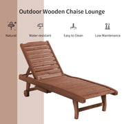 Brown Wooden Sun Lounger Chair With Wheels Adjustable Back and Side Table for Garden
