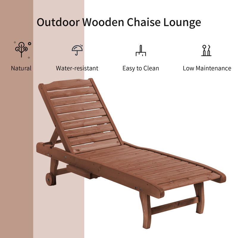 Brown Wooden Sun Lounger Chair With Wheels Adjustable Back and Side Table for Garden
