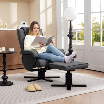 Charcoal Grey Swivel Recliner Chair with Footstool in Linen Fabric