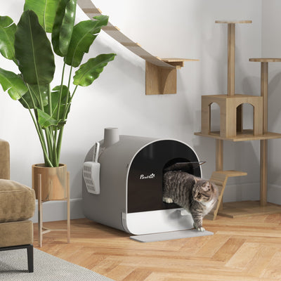 Covered Cat Litter Box With Scoop Filter and Flap Door for Odour Control Light, Grey