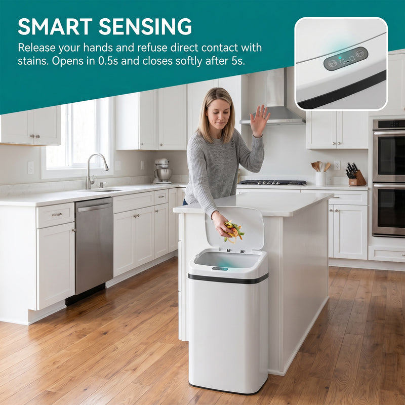 Sensor Kitchen Bin 48L Hands Free Waste Disposal with Soft Close Lid White Homcom