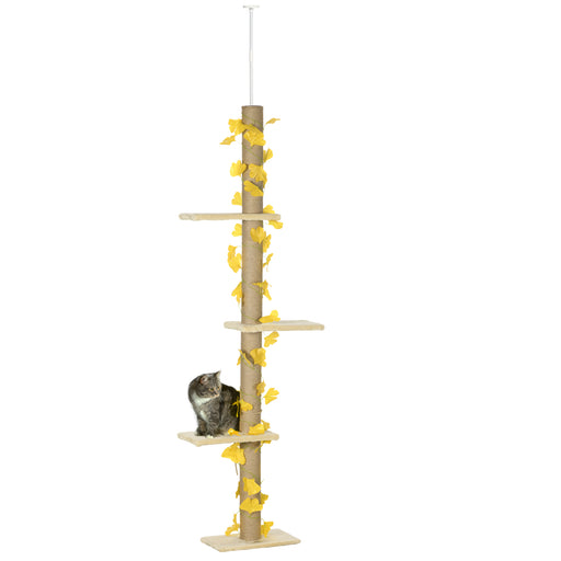 Tall Adjustable Cat Tree with Perches and Faux Leaves for Climbing and Play Yellow