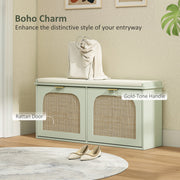Boho Shoe Storage Bench with Cushion and Flip Drawers for Hallway or Entryway Light Green