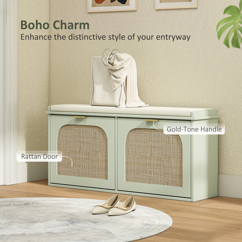 Boho Shoe Storage Bench with Cushion and Flip Drawers for Hallway or Entryway Light Green