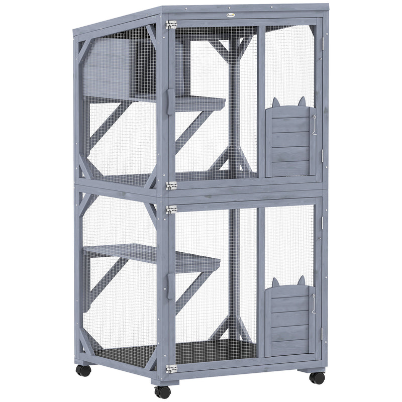 Rolling Outdoor Cat Enclosure With Three Levels for Easy Garden Access Dark Grey Pawhut
