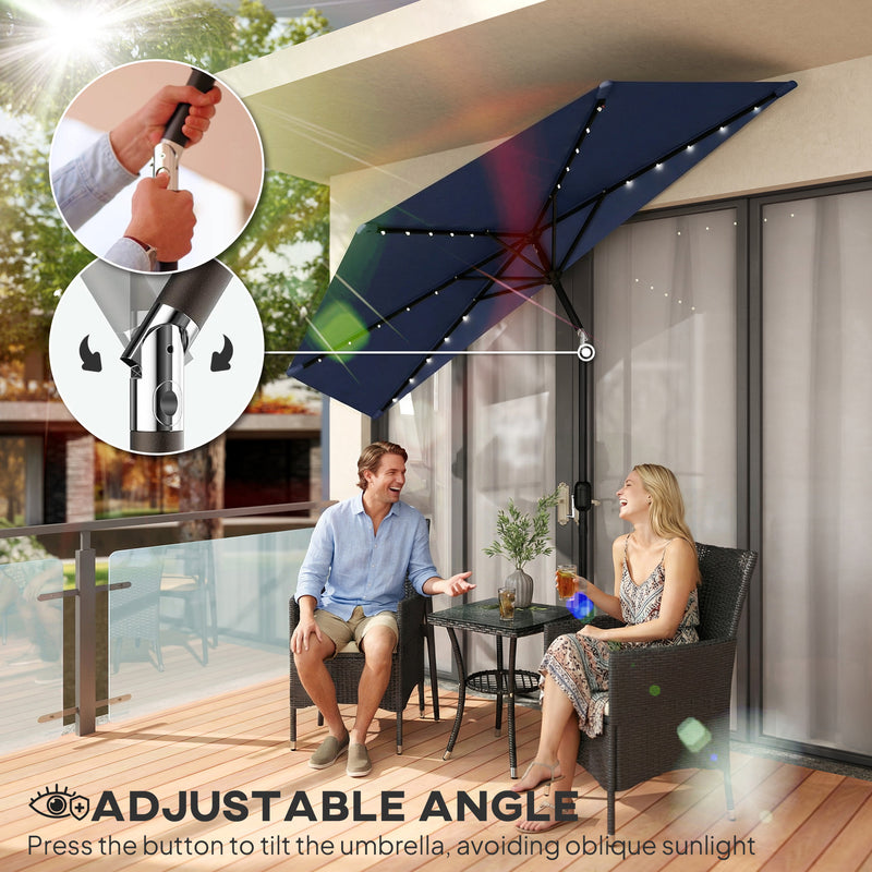 Half Parasol for Balcony or Small Patio with Solar LED Lights and Tilt, Dark Blue