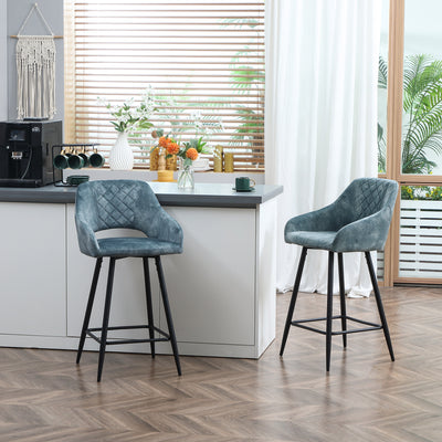 Set of 2 Blue Velvet Bar Stools with Steel Legs for Kitchen Island or Dining Area