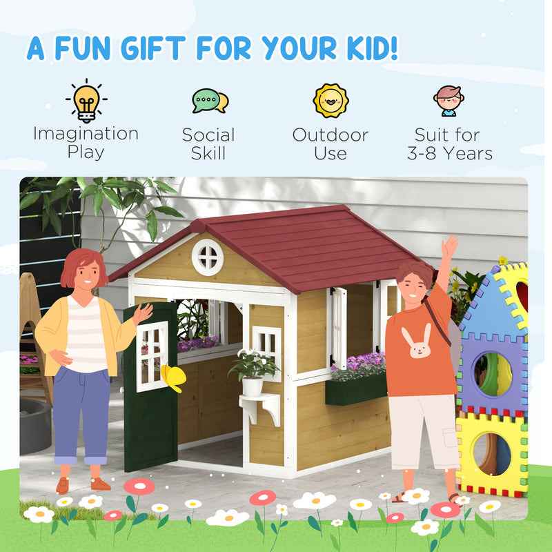 Wooden Kids Playhouse with Doors Windows and Planters for Ages 3-8 in Beige by Outsunny