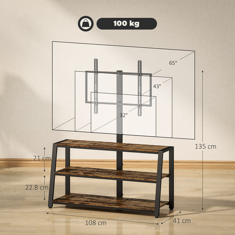 Rustic Brown TV Stand With Swivel Mount For 32 to 65 Inch TV Screens And Open Storage Shelves