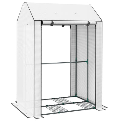 Portable Mini Greenhouse with 4 Shelves for Plants and Tomatoes Roll Up Door White