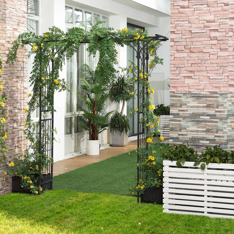 Metal Garden Arch with Trellis Sides for Climbing Plants and Outdoor Decor Dark Grey Outsunny
