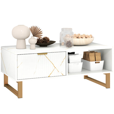 White Marble Effect Coffee Table with Hidden Storage and Sleek Design by HOMCOM