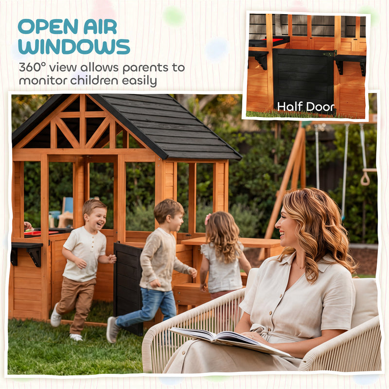 Wooden Outdoor Playhouse With Benches and Snack Bar for Creative Kids Role Play Light Brown Aiyaplay