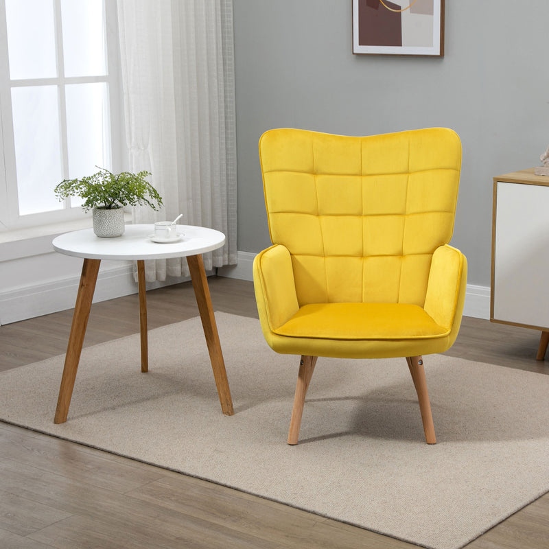 Yellow Velvet Wingback Accent Chair with Tufted Upholstery for Lounge or Bedroom Comfort