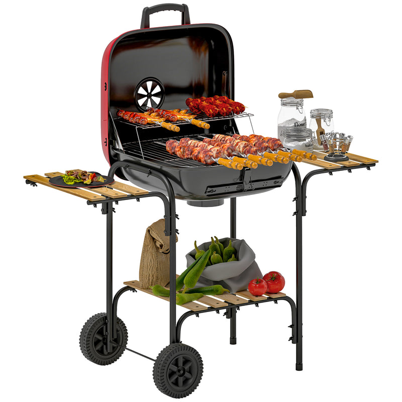 Red Portable Charcoal BBQ Grill with Large Cooking Area Shelves and Wheels by Outsunny