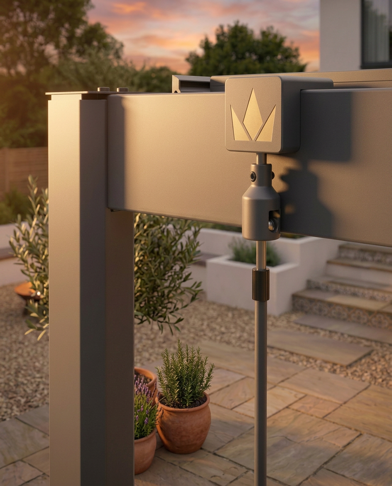Pure 4x3m louvred roof pergola, split roof and feature detail
