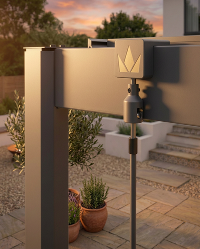 Pure 4x3m louvred roof pergola, split roof and feature detail