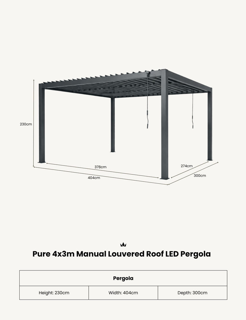 Pure 4x3m louvred roof pergola with solar LED lighting