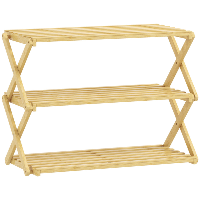 Three Tier Bamboo Shoe Rack Space Saving Foldable Storage Shelf Unit Natural Finish