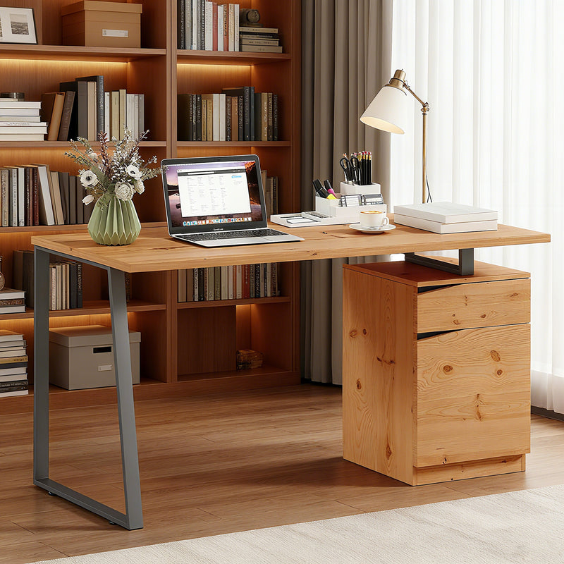 Computer Desk with Drawer and Cabinet for Home Office Study Workstation, Natural Wood Finish
