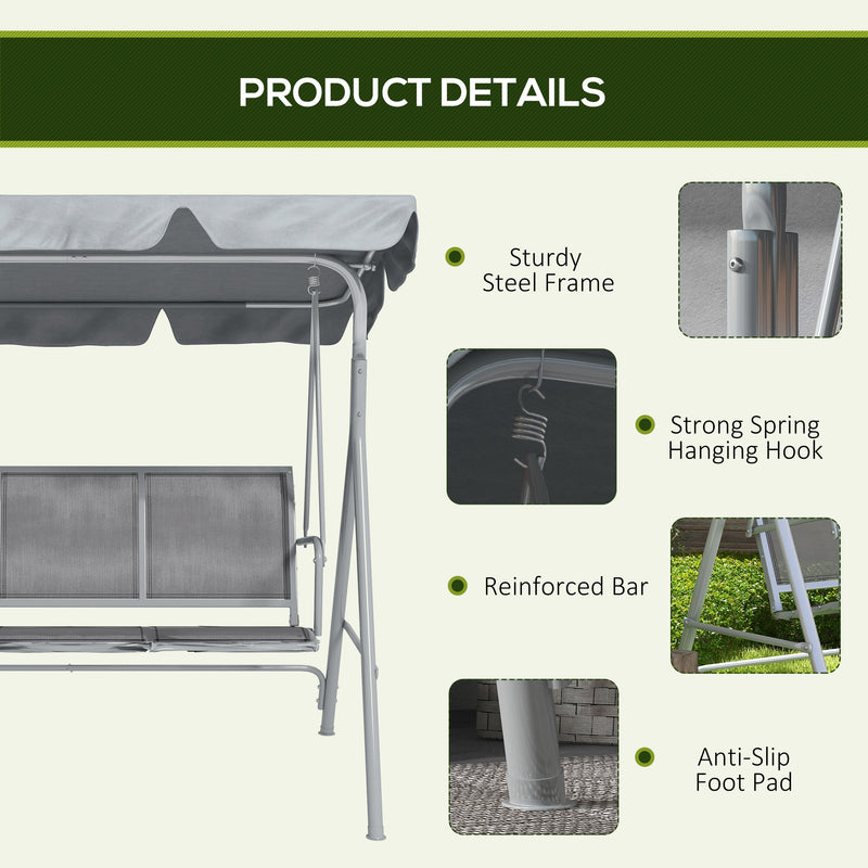 Light Grey 3 Seater Metal Garden Swing Chair With Canopy For Patio Relaxation Outsunny