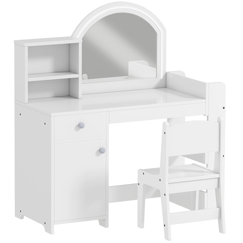 Kids Vanity Table Set with LED Mirror Storage Shelves and Chair for Girls Bedroom White