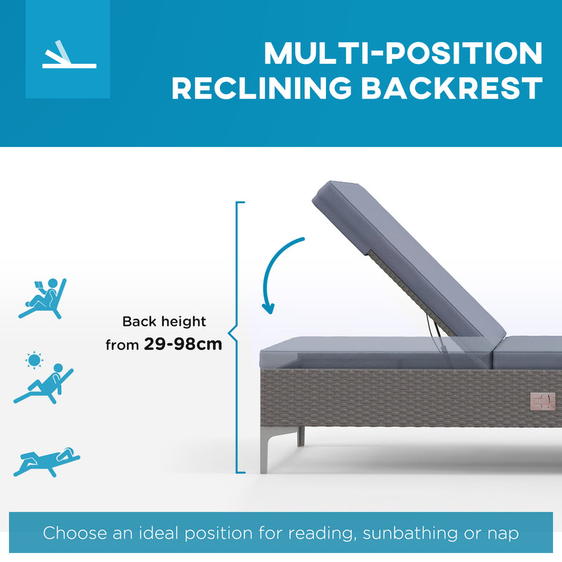 Set of 2 Rattan Sun Loungers with Adjustable Backrest and Cushions for Garden Dark Grey AOSOM