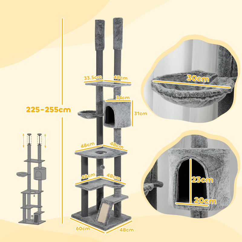Floor to Ceiling Cat Tree with Ramp Scratching Posts and House for Large Cats 225-255cm by PawHut