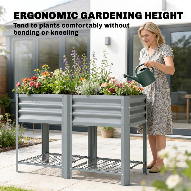 Raised Steel Planter with Shelf for Easy Standing Gardening 150L Silver, Grey Outsunny