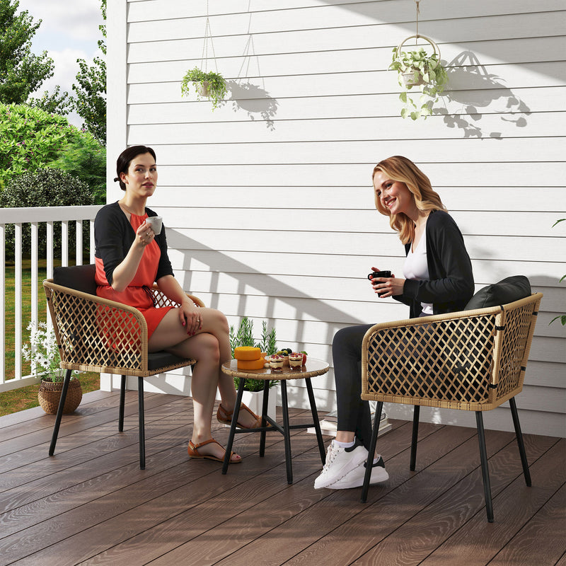 3 Piece Rattan Bistro Set with Cushions Glass Table and Wooden Finish Chairs by Outsunny