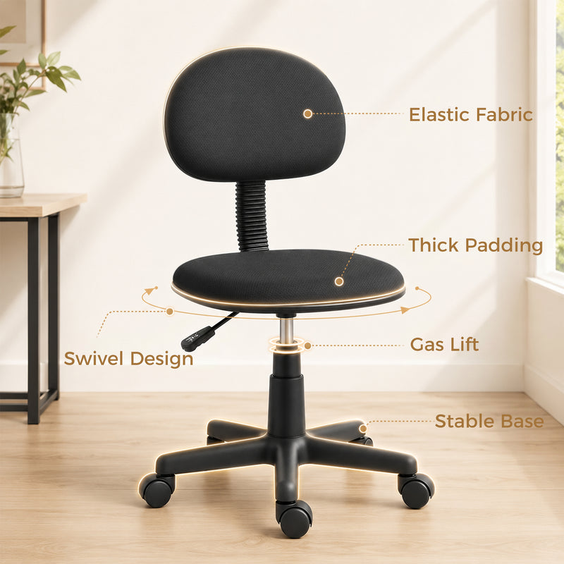 Armless Office Chair for Small Desks Space Saving Adjustable Seat Black