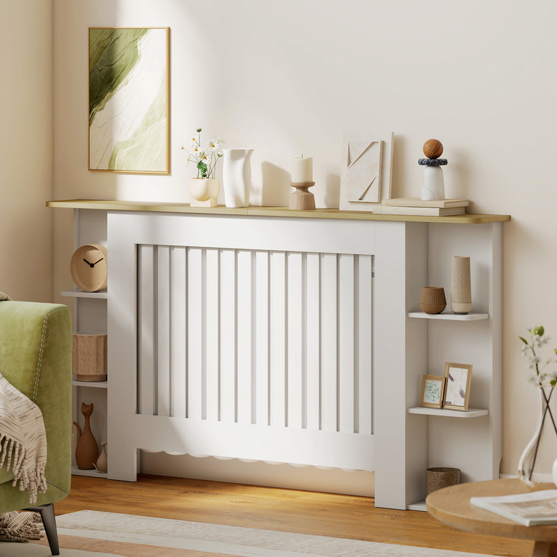 Large White Radiator Cover with Open Storage Shelves for Living Room or Hallway, 152W x 19D x 83H cm
