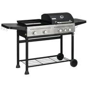 Black 15kW Deluxe Duo Gas BBQ Grill With Plancha and Side Burner For Outdoor Cooking Outsunny