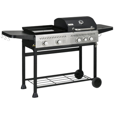 Black 15kW Deluxe Duo Gas BBQ Grill With Plancha and Side Burner For Outdoor Cooking Outsunny