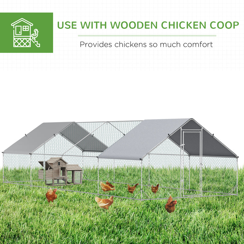 PawHut Chicken Run Galvanised Walk-in Chicken Coop Hen Poultry House Cage Rabbit Hutch with Water-Resist Cover, 3 x 8 x 2m AOSOM