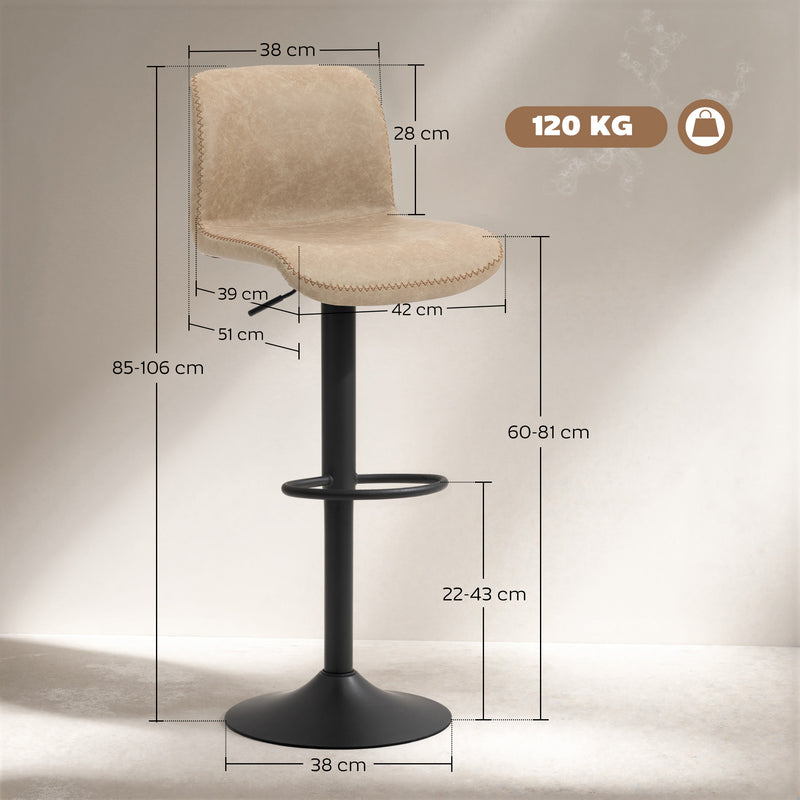 Set of 2 PU Leather Bar Stools with Backrest and Footrest for Breakfast Bar Light Brown