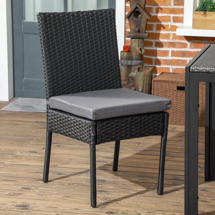 Pair of Black Rattan Garden Dining Chairs With Dark Grey Cushions