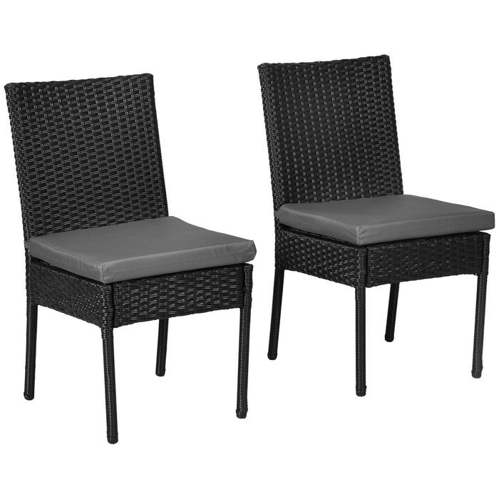 Pair of Black Rattan Garden Dining Chairs With Dark Grey Cushions