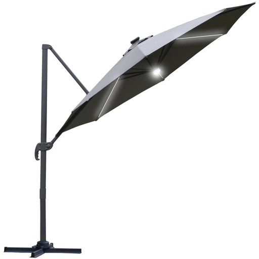 Image of a grey cantilever parasol with solar lights