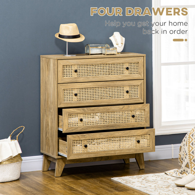 4 Drawer Storage Cabinet With Rattan Fronts Ideal For Bedroom Or Lounge, Wood Effect