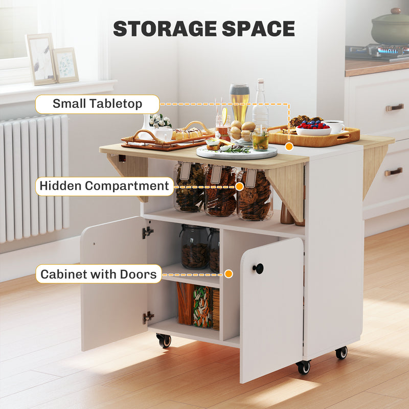 Folding Dining Table with Storage and Wheels for Small Spaces White Natural AOSOM